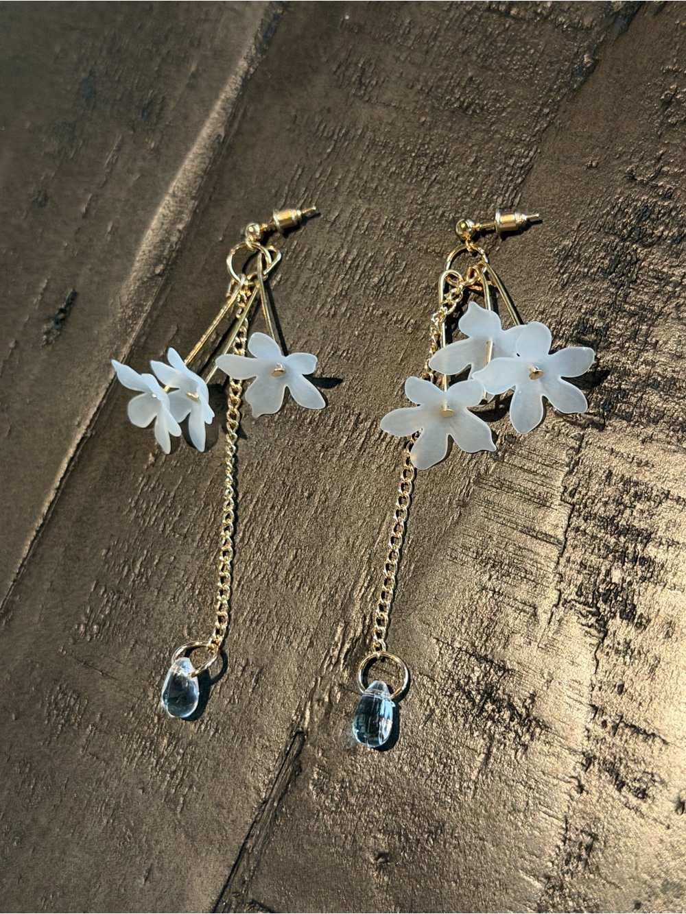 Delicate White Floral Drop Earrings with Gold Chain